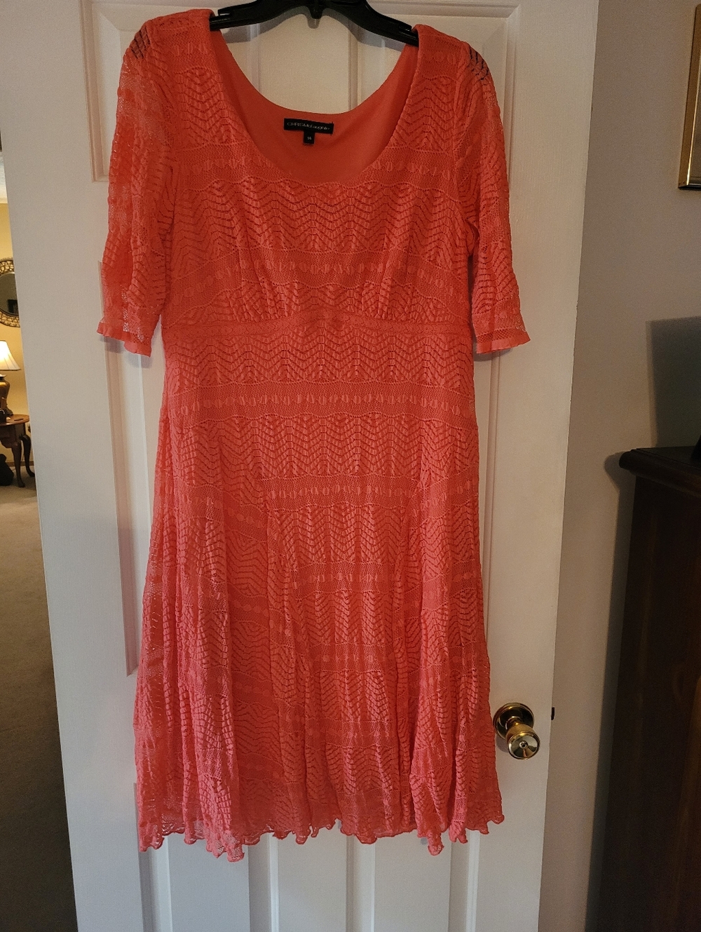 Coral Lace Scoop-Neck Midi Dress